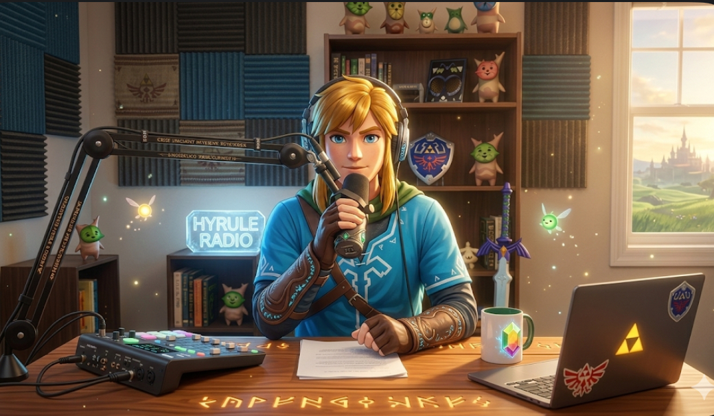 Link from The Legend of Zelda hosting a podcast